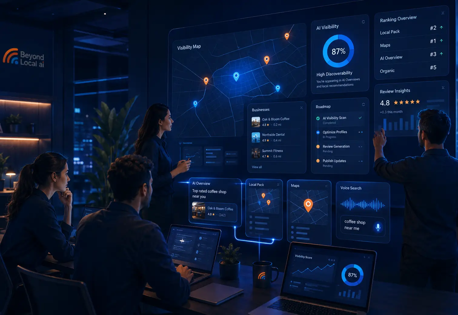 Beyond Local AI team collaborating around local and AI search visibility dashboards