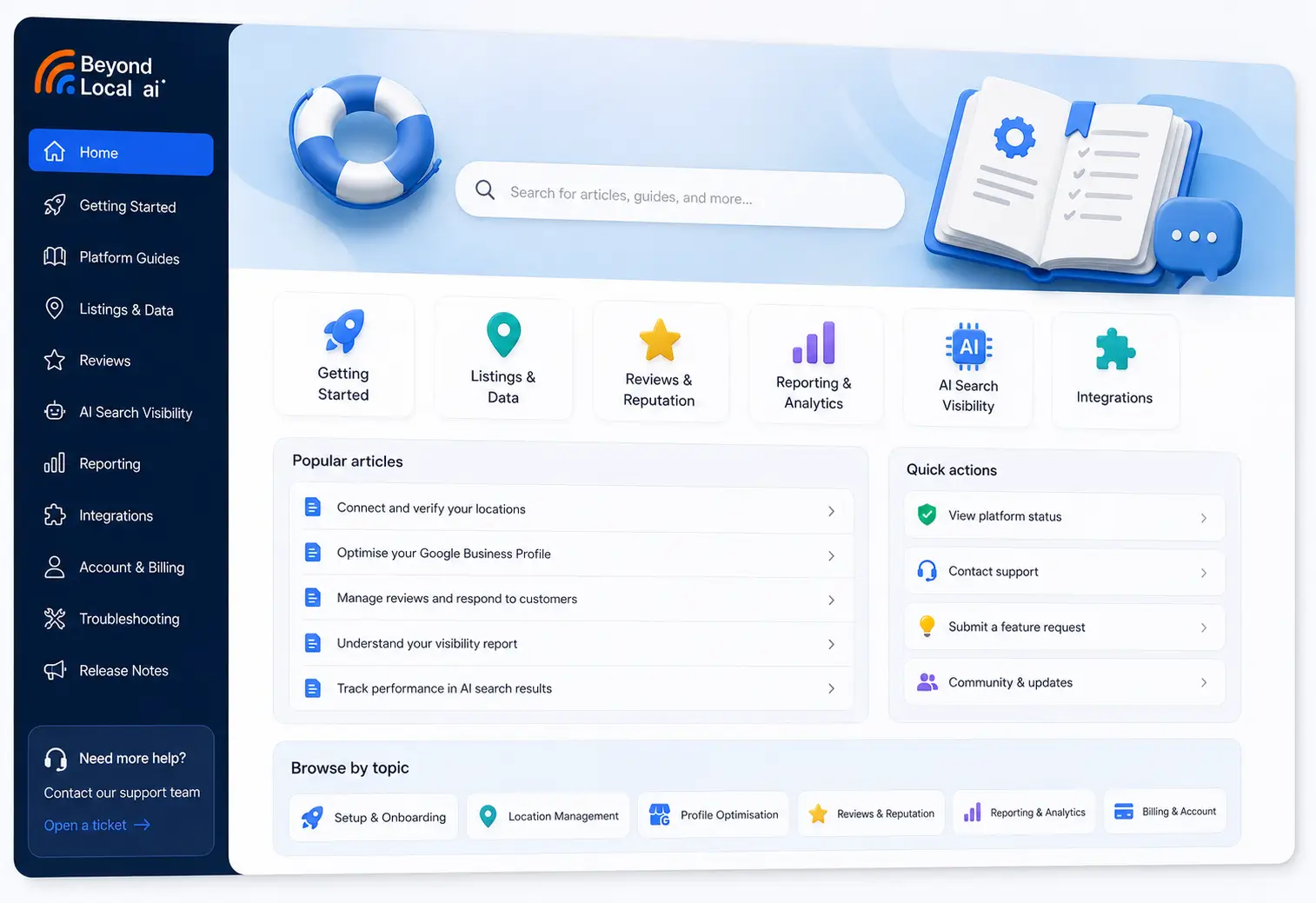 Beyond Local AI help centre with guides, popular articles, and support options