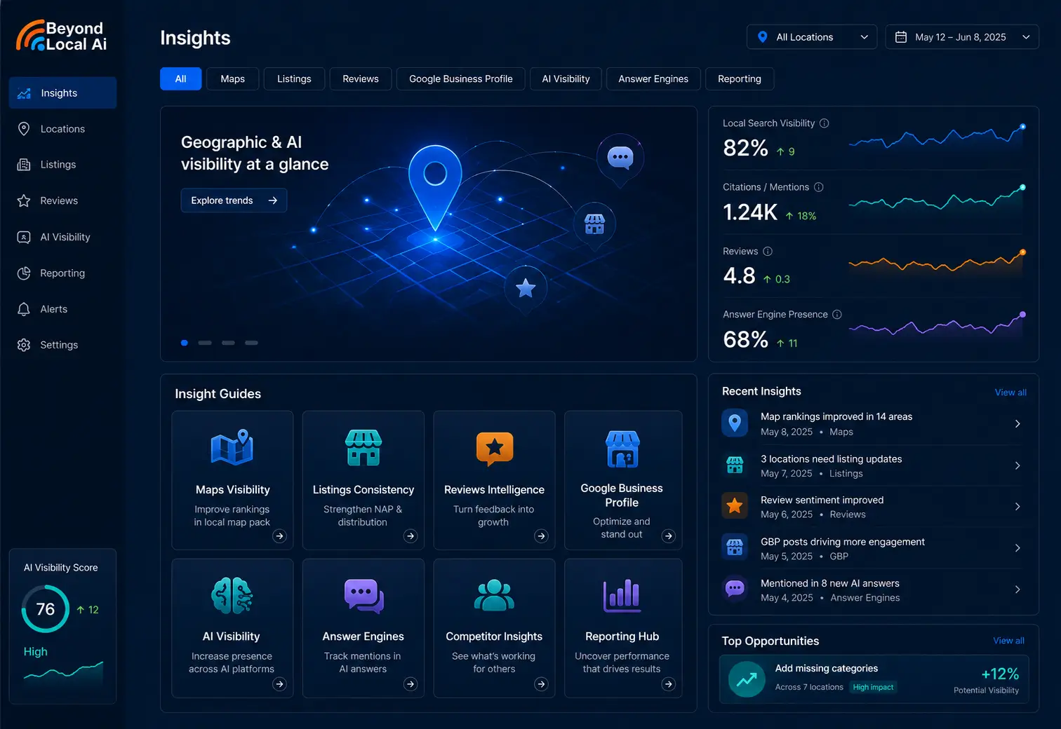Beyond Local AI insights dashboard showing geographic and AI visibility metrics