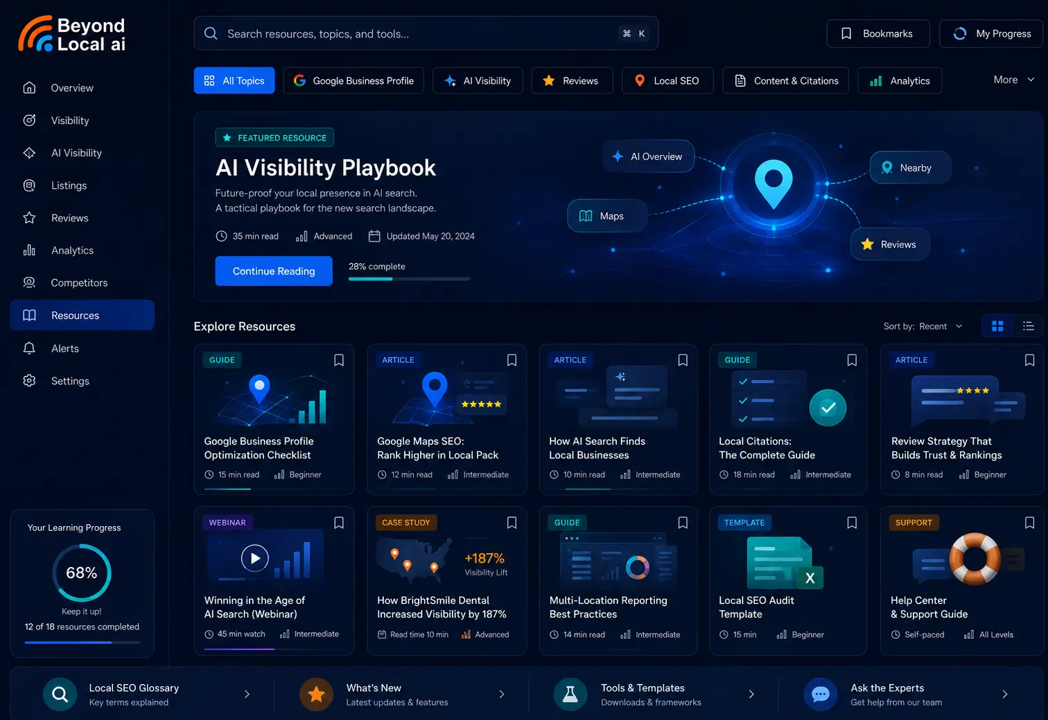 Beyond Local AI resource library with guides, articles, webinars, templates, and support